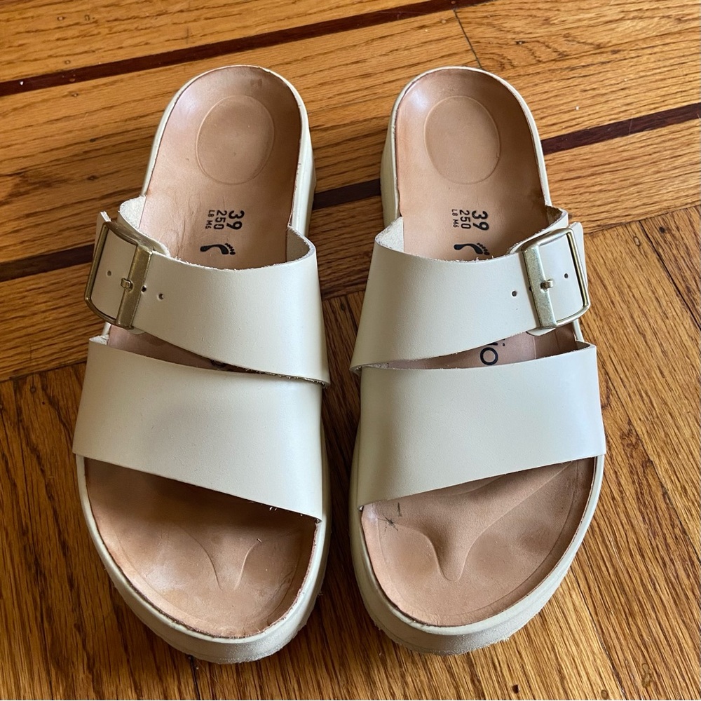 Almina Ecru Leather Two-Strap Sandals - Papillio by Birkenstock Slides